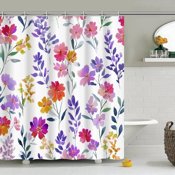 Watercolor Floral Shower Curtain, Colorful Wildflower Bathroom Curtain, Boho Botanical Bath Decor for Tub Shower, 66x72in