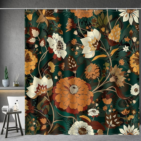 Boho Floral Shower Curtains - Dark Green Bohemian Chic Flowers Botanical Leaves Bath Shower Curtain Set with 12 Hooks for Adults Bathroom Decor Accessories, 72"x72"
