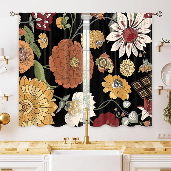 Boho Floral Small Kitchen Curtains Black Bohemian Flower Window Treatment Mid Century Modern Abstract Leaves Short Window Curtains for Bathroom Dining Room Tier Treatment Drapes 27.5x39 inch