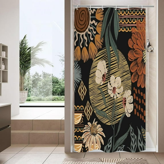 Boho Floral Small Stall Shower Curtain 36"x72" Abstract Flower Narrow Half Size Chic Decor Botanical Bohemian Design Retro Bathroom Elegance with Hooks Perfect for a Compact and Stylish Bath Space