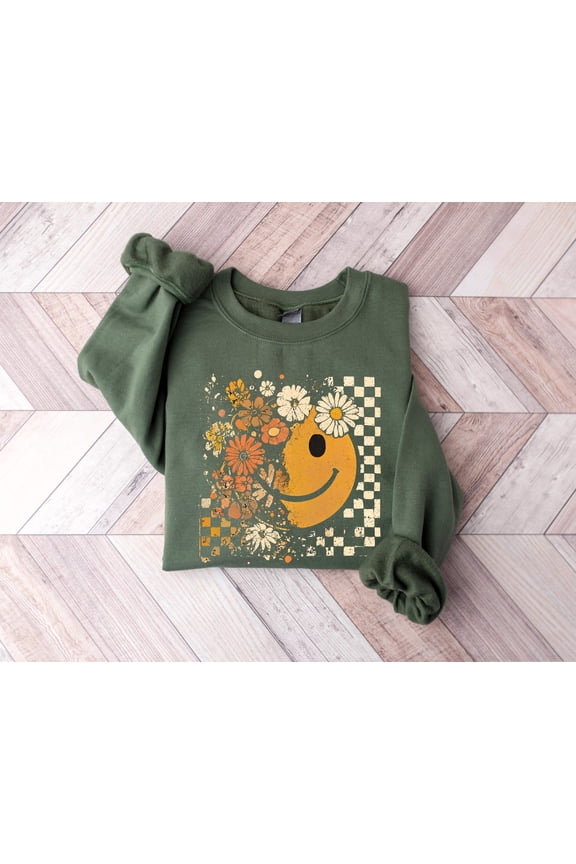 Boho Floral Smiley Face Sweatshirt: Retro 70s Groovy Tee Sweatshirt All Size S-5XL