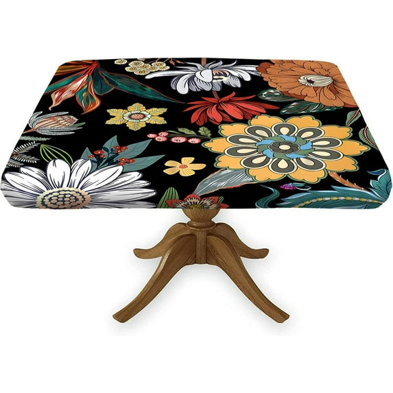 Boho Floral Square Fitted Tablecloth, Flowers Black Vintage Card Table Cover, Outdoor Washable Elastic Table Cloth Plastic Cover for Square Table for Picnic Garden Patio, Fits to 36x36 In Table