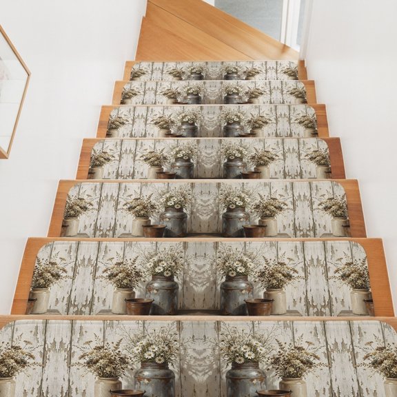 Boho Floral Stair Treads Non Slip for Steps Vintage Dried Flowers Milk Jugs Wood Grain 15 Pcs Reusable Adhesive Stair Runner Mats for Dogs Elders Carpet Treads Rugs for Staircase 8x30 In