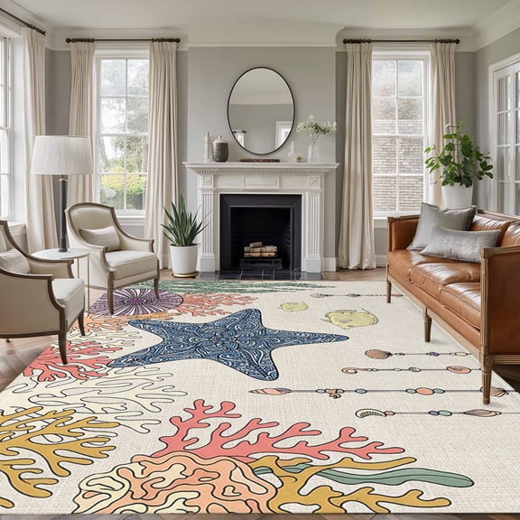 Boho Floral Starfish 5x7 Area Rugs for Living Room, Coastal Coral Seaweed Fish Rustic Non Slip Floor Mat Washable Low-Profile Indoor Carpet for Bedroom, Dining Room, Bathroom