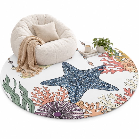 Boho Floral Starfish Area Rug 5', Coastal Coral Seaweed Fish Soft Mat ...