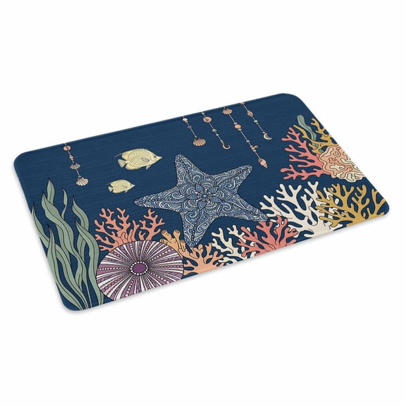 Boho Floral Starfish Doormat Coastal Coral Seaweed Fish Navy Blue Non Slip Low Profile Rubber Door Mat Washable Absorbent Indoor Front Door Mat Entryway Rug Entrance Carpet 24x36 Inch