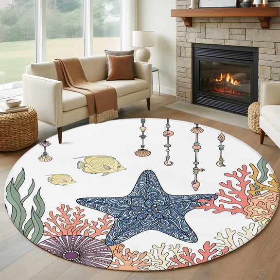 Boho Floral Starfish Round Rugs for Living Room 7ft Coastal Coral Seaweed Fish Non Slip Circle Rug Washable Low-Profile Indoor Carpet for Bedroom, Dining Room, Bathroom