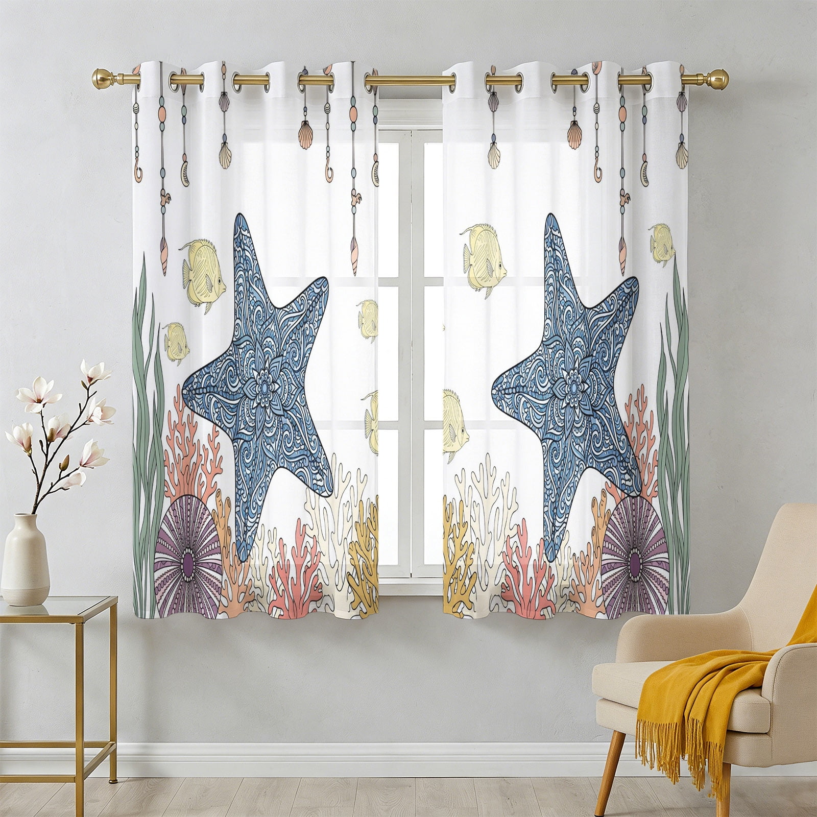Boho Floral Starfish Sheer Curtains 39 Inch Long 2 Panels, Coastal ...