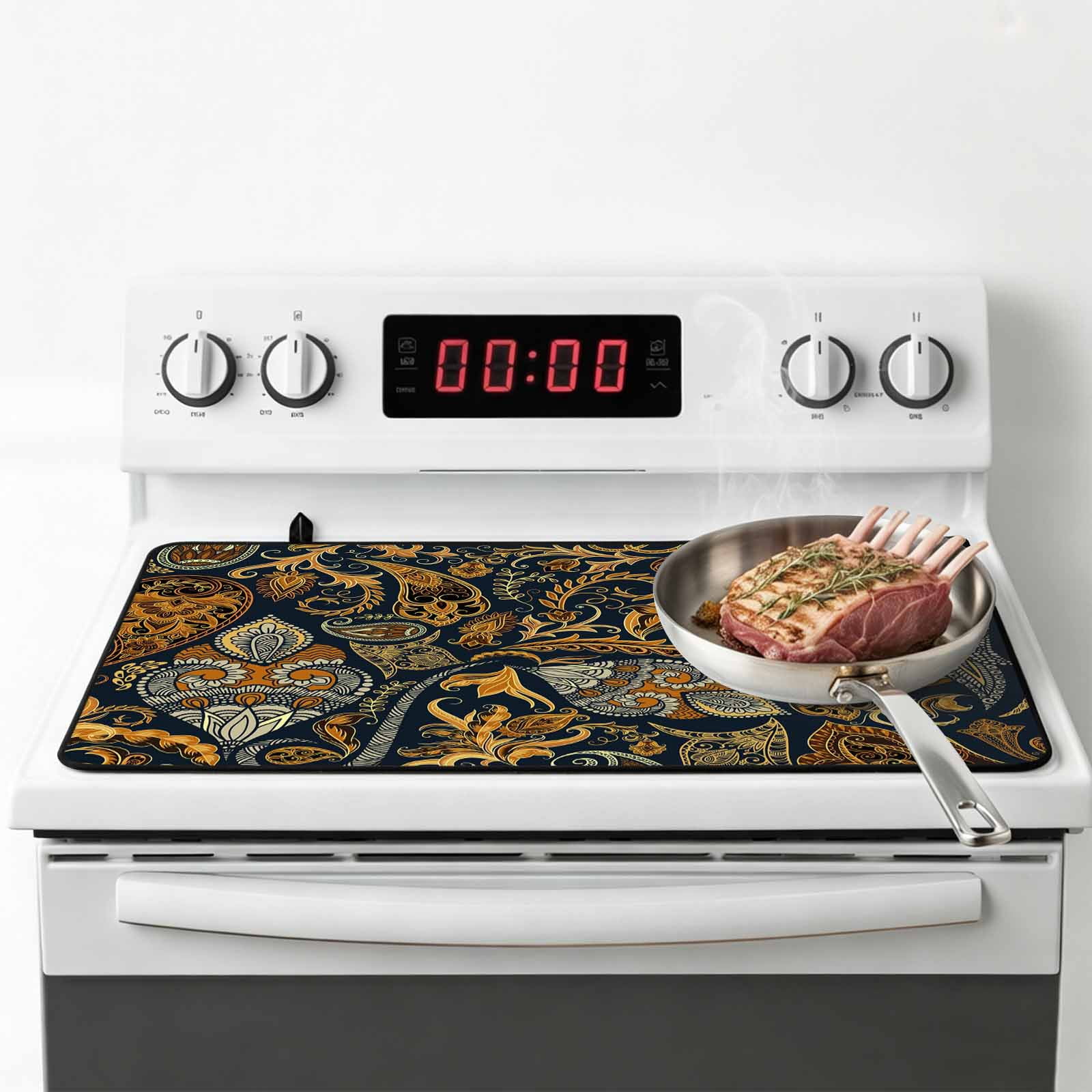 Boho Floral Stove Top Cover for Electric Stove, Heat-proof & Non Slip Glass Top Stove Cover Protector, Vintage Botanical Paisley Flower Kitchen Flat Cooktop Rubber Mat 24x21 Inches