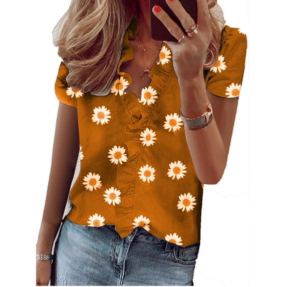 Boho Floral Summer Short Sleeve Casual T-Shirt Blouse For Women Ladies Loose Baggy Basic Tee Tops Beachwear Casual Top Ladies Frill Ruffle Short Sleeve