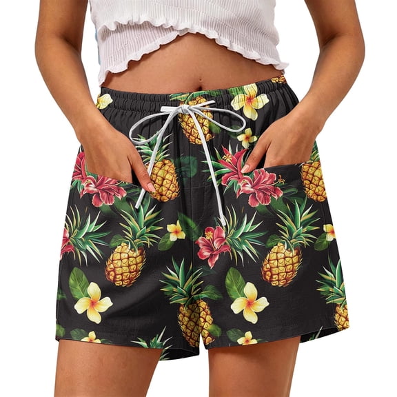 Boho Floral Summer Shorts for Women Drawstring Loose Elastic Waist Tropical Vacation Beach Shorts with Pockets