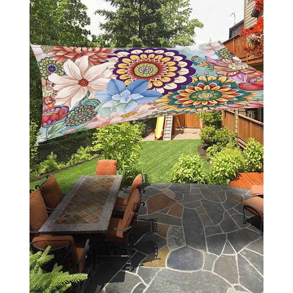 Boho Floral Sun Sail Shades Rectangle Canopy,Sunlight Block Heavy Duty Curved Backyard Shade Cover,Bohemia Colorful Mandalas Botanical Flower Waterproof Sun Shades for Patios Garden Pergola 6.5'x10'