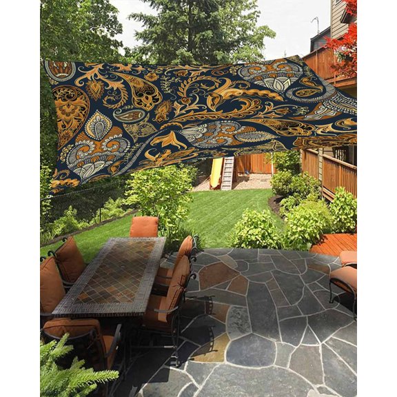 Boho Floral Sun Sail Shades Rectangle Canopy,Sunlight Block Heavy Duty Curved Backyard Shade Cover, Vintage Botanical Paisley Flower Waterproof Sun Shades for Patios Garden Pergola Outdoor 6.5'x10'