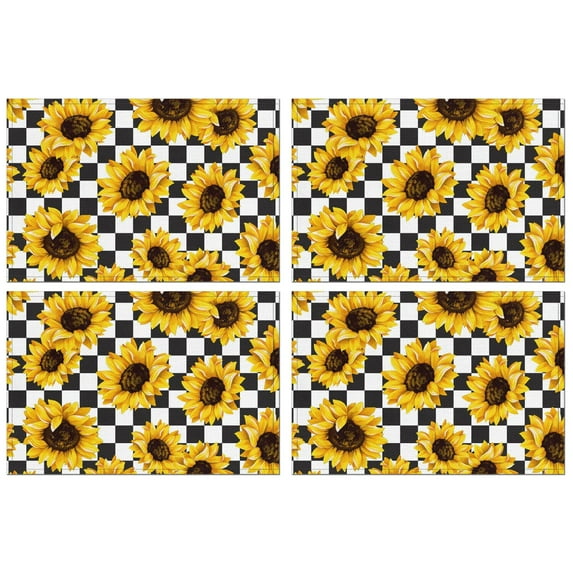 Boho Floral Sunflower Placemats Set of 4, 12x18 Inch Vintage Rustic Farmhouse Linen Table Mats with Bees and Butterflies, Washable Country Bloom Dining Decor for Summer Autumn