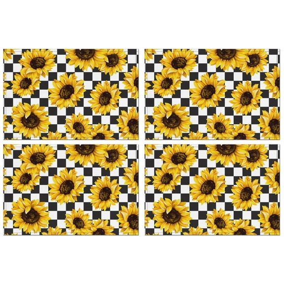 Boho Floral Sunflower Placemats Set of 4, 12x18 Inch Vintage Rustic Farmhouse Linen Table Mats with Bees and Butterflies, Washable Country Bloom Dining Decor for Summer Autumn