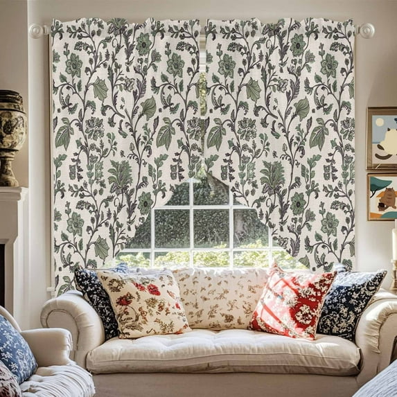 Boho Floral Swag Curtain Valance for Windows, Vintage Farmhouse Pastoral Flower Retro Green Plant Window Treatments Short Swag Topper for Kitchen Windows Bathroom Bedroom, 28"x36"