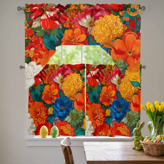 Boho Floral Swag Curtains Valance & Tier Set, Marigold Dahlia Orange Yellow Blue Botanical 3 Pcs Set Kitchen Swag Valances and Tiers 36 Inch Length Rod Pocket Curtain Drapes for Bedroom