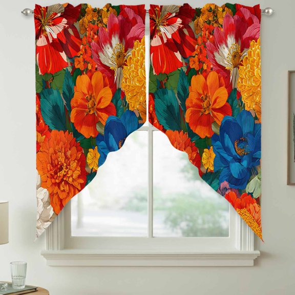 Boho Floral Swag Kitchen Curtain Valances, Marigold Dahlia Orange Yellow Blue Botanical Rod Pocket Curtains Window Treatment Decor Valances for Bedroom Bathroom, 2 Panels 36 x 36 Inch