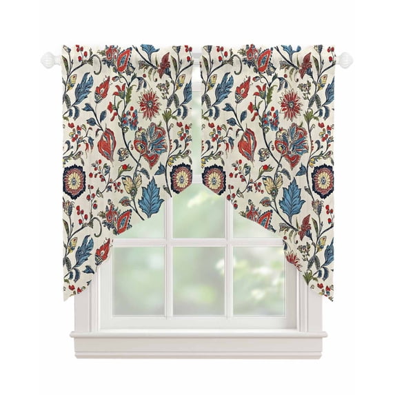 Boho Floral Swag Valances for Windows, Blue Red Flower Vintage Petals Branch Leaf Rod Pocket Sheer Valances for Small Windows, Swag Toppers Light Filtering for Kitchen Living Room 2 Panels 28''x36''
