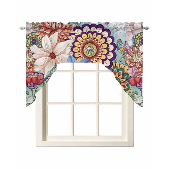 Boho Floral Swag Valances for Windows, Small Curtains Drapes, Bohemia Colorful Mandalas Botanical Flower Kitchen Window Curtains Over Sink Window Treatment Valance for Bedroom/Bathroom 56"x36"