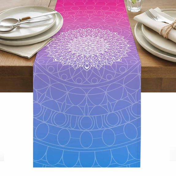 Boho Floral Table Runner - 70 Inch Long, Kitchen Dining Table Runner Dresser Scarves, Pink Purple Ombre Ethnic Abstract Flower Farmhouse Decor for Coffee Tables Wedding Party Banquet