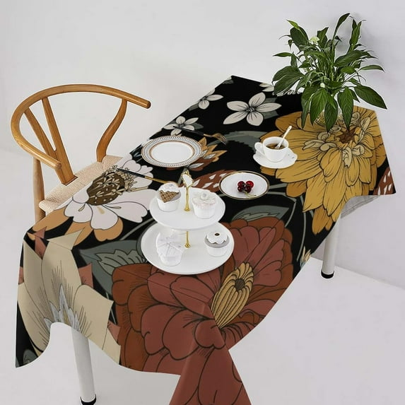 Boho Floral Tablecloth, Traditional Colorful Bohemian Mandala Floral Dark Flower Leaves Table Cover for Farmhouse Kitchen Indoor Outdoor Table Decor 60x120in