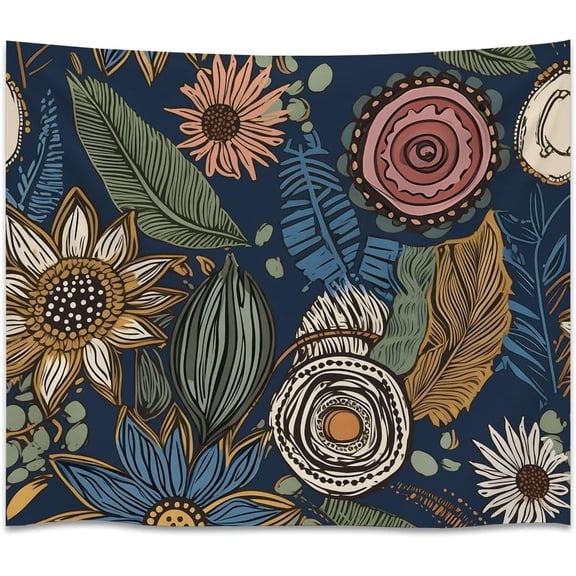 Boho Floral Tapestry Navy Blue Botanical Wall Hanging with Sunflowers & Wildflowers Vintage Line Art Pattern Hippie Aesthetic Decor 30x40inch