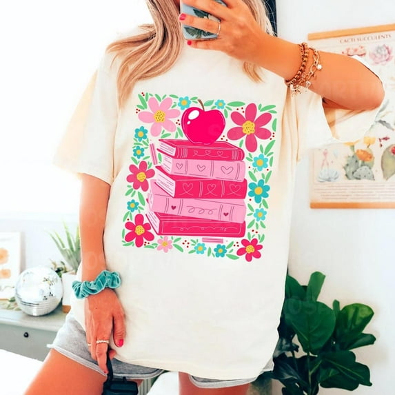 Boho Floral Teacher T-Shirt, Teaching is a Work of Heart Shirt, Book Lover Tee, Apple Teacher Shirt, Back to School Teacher Shirt