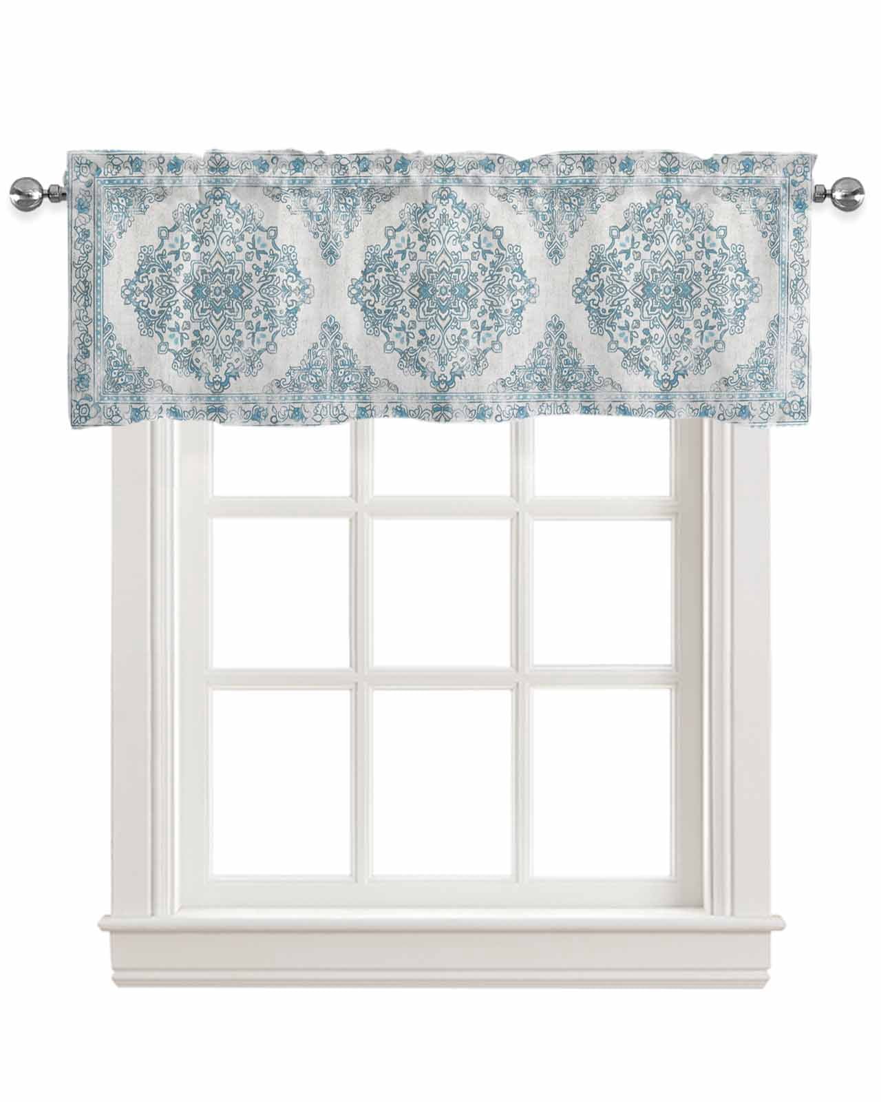 Boho Floral Teal Linen Curtain Valance for Bedroom/Bathroom/Kitchen/Office/Living/Dining Room Window,Ethnic Mandala Rustic Tribal Patterns Pocket Topper Drapes Decorative Cafe Drapery Panel 54"x18"