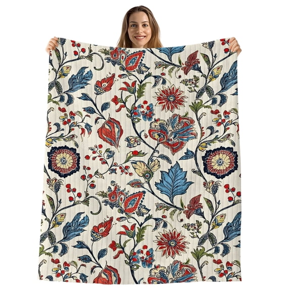 Boho Floral Throw Blanket, Flannel Fleece Blanket with Striped Design for Couch, Blue Red Flower Vintage Petals Branch Leaf Soft Breathable All Season Plush Blankets for Sofa Chair Travel 32"x48"
