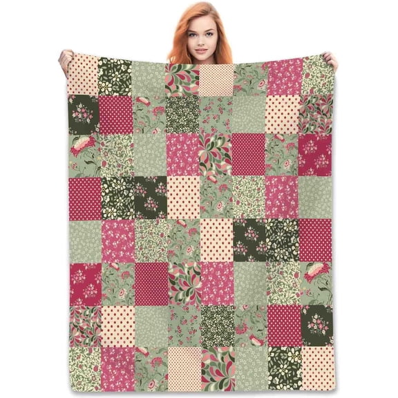 Boho Floral Throw Blanket, Patchwork Floral Vintage Stitching Sage Green Checkered Pink Flower Retro Fleece Fuzzy Fannel Blankets for Sofa Bed Chair Couch Living Room Bedroom Gifts, 30"x40" Inch