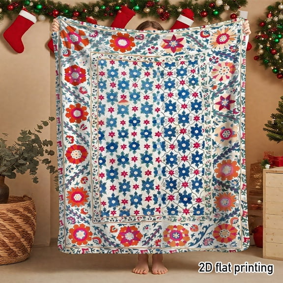 Boho Floral Throw Blanket with Vibrant Geometric Patterns for Sofa, Bedroom, or Patio Decor - Perfect for Bohemian Style & Family Gatherings