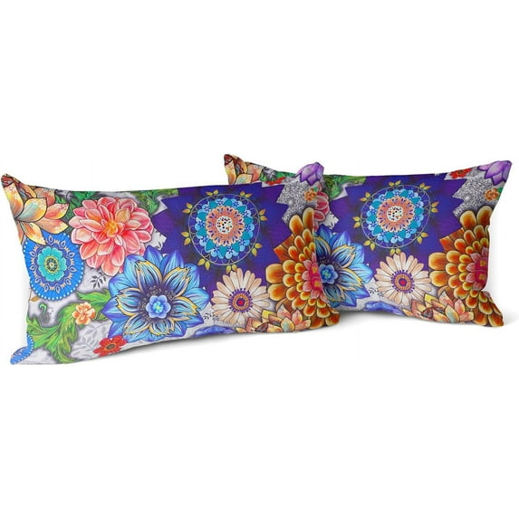 Boho Floral Throw Pillow Covers Set of 2 Colorful Bohemian Flower Decorative Cushions Pillowcase for Bedroom Sofa Home Decor, 12x20 Inch, Short Plush (Boho Floral 7)