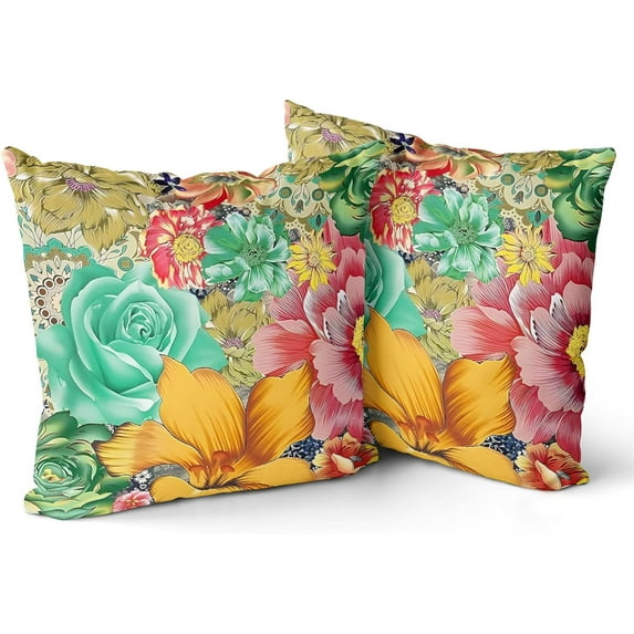 Boho Floral Throw Pillow Covers Set of 2 Colorful Bohemian Flower Decorative Cushions Pillowcase for Bedroom Sofa Home Decor, 16x16 Inch, Short Plush (Boho Floral 2)