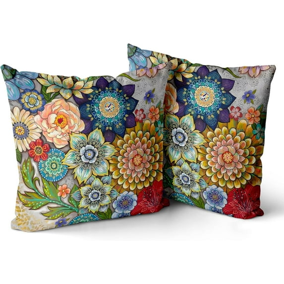 Boho Floral Throw Pillow Covers Set of 2 Colorful Bohemian Flower Decorative Cushions Pillowcase for Bedroom Sofa Home Decor, 18x18 Inch, Velvet, Short Plush