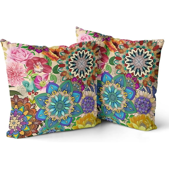 Boho Floral Throw Pillow Covers Set of 2 Colorful Bohemian Flower Decorative Cushions Pillowcase for Bedroom Sofa Home Decor, 20x20 Inch, Short Plush (Boho Floral 5)