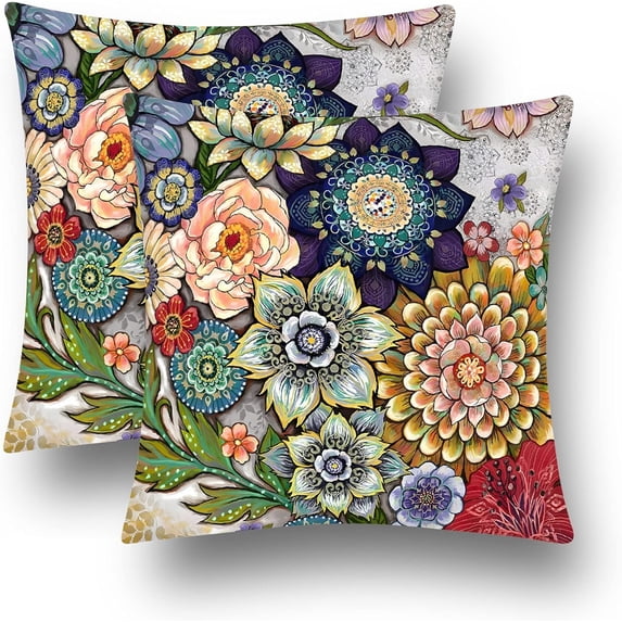 Boho Floral Throw Pillow Covers Set of 2 Colorful Bohemian Flower Decorative Cushions Pillowcase for Bedroom Sofa Home Decor, 16x16 Inch, Velvet