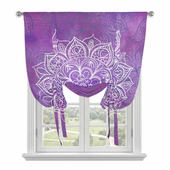 Boho Floral Tie Up Curtains for Windows, Adjustable Balloon Window Shades, Purple Flowers Vintage Bohemian Watercolor Kitchen Window Treatments Farmhouse Short Curtains with Rod Pocket 42"x45"