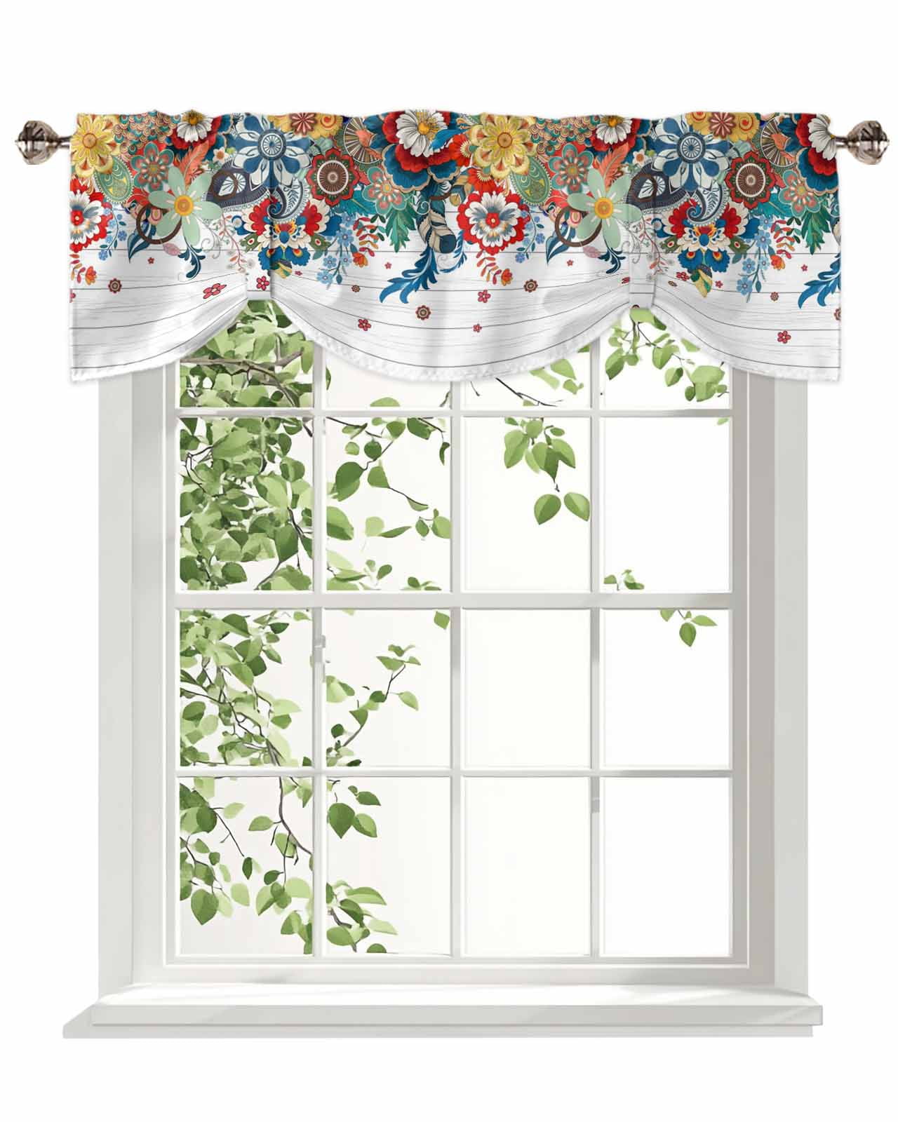 Boho Floral Tie Up Valances Curtain, Adjustable Kitchen Abstract Bohemian Bloom Flower Colorful Plant Wood Valances for Windows Decor, Rod Pocket Short Curtains Set for Bedroom/Bathroom, 54"x18"
