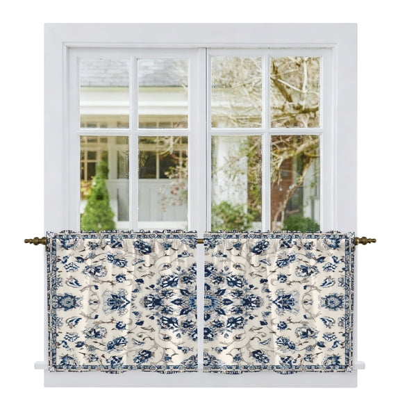 Boho Floral Tier Curtains 24 Inch Length, Bohemian Chic Neutral Botanical Patterned Cafe Short Curtains for Bathroom Over Sink, Small Kitchen Curtain Light Filtering Drapes 2 Panels 27.5"Wx24"L
