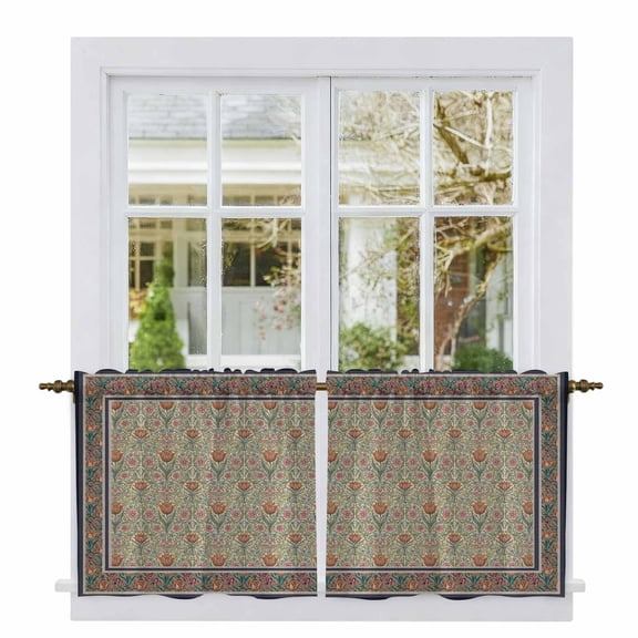 Boho Floral Tier Curtains 24 Inch Length, Vintage Flowers Abstract Art Ethic Tribe Cafe Short Curtains for Bathroom Over Sink, Small Kitchen Curtain Light Filtering Tiered Drapes 2 Panels 27.5"Wx24"L