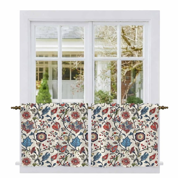 Boho Floral Tier Curtains, Blue Red Flower Vintage Petals Branch Leaf Light Filtering Kitchen Curtains, 2Pcs Rod Pocket Half Window Treatments Panels for Sink Cafe Cabinet Camper 27.5x24 Inches