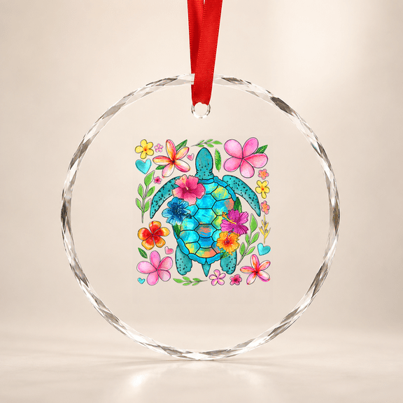 Boho Floral Turtle Save The Sea Turtle Ocean Animals Glass Ornament