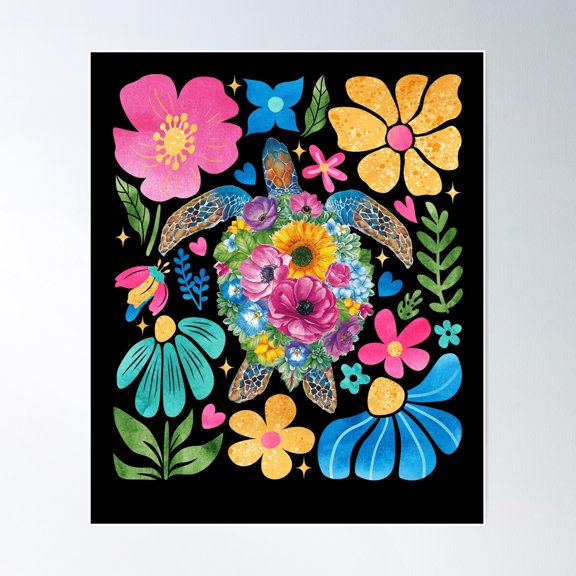 Boho Floral Turtle Save The Sea Turtle Ocean Animals Poster Wall Art, Modern Wall Decor For Living Room Bedroom, 8x12 UNFRAMED