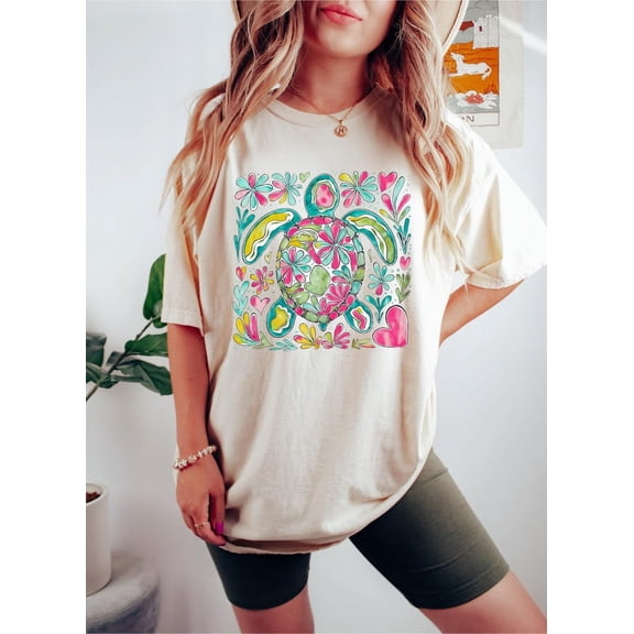 Boho Floral Turtle t-shirt, Nautical Beach Shirt, Aesthetic Tee, Summer Beach Shirt, Cute Turtle Shirt, Women shirt TH150555