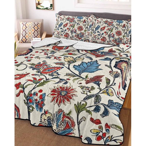 Boho Floral Twin Size Down Alternative Comforter, Lightweight Comforter Quilt Bedding Set with Pillow Shams Blue Red Flower Vintage Petals Branch Leaf All Seasons Bed Comforter Duvet Insert 68"x86"