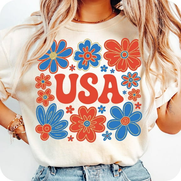 Boho Floral USA T-Shirt – Retro 4th of July Shirt with American Flag and Girly Red White Blue Flower