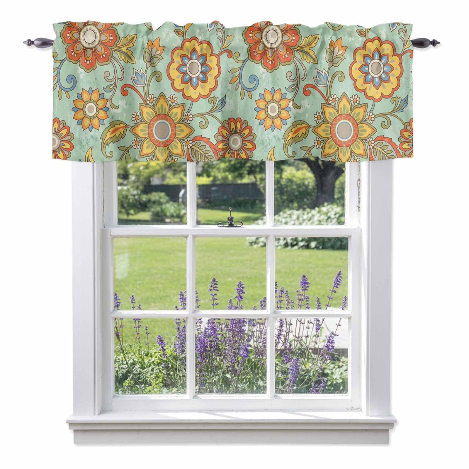 Boho Floral Valance Curtain Yellow Orange Flower Leaf Retro Abstract ...