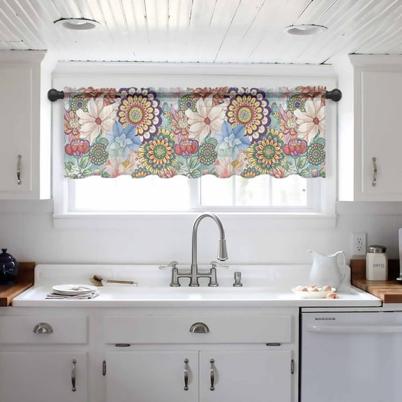 Boho Floral Valance Curtains for Kitchen/Living Room/Bathroom/Bedroom Window, Bohemia Colorful Mandalas Botanical Flower Rod Pocket Small Topper Half Short Window Curtains Voile Sheer Scarf 60"x18"