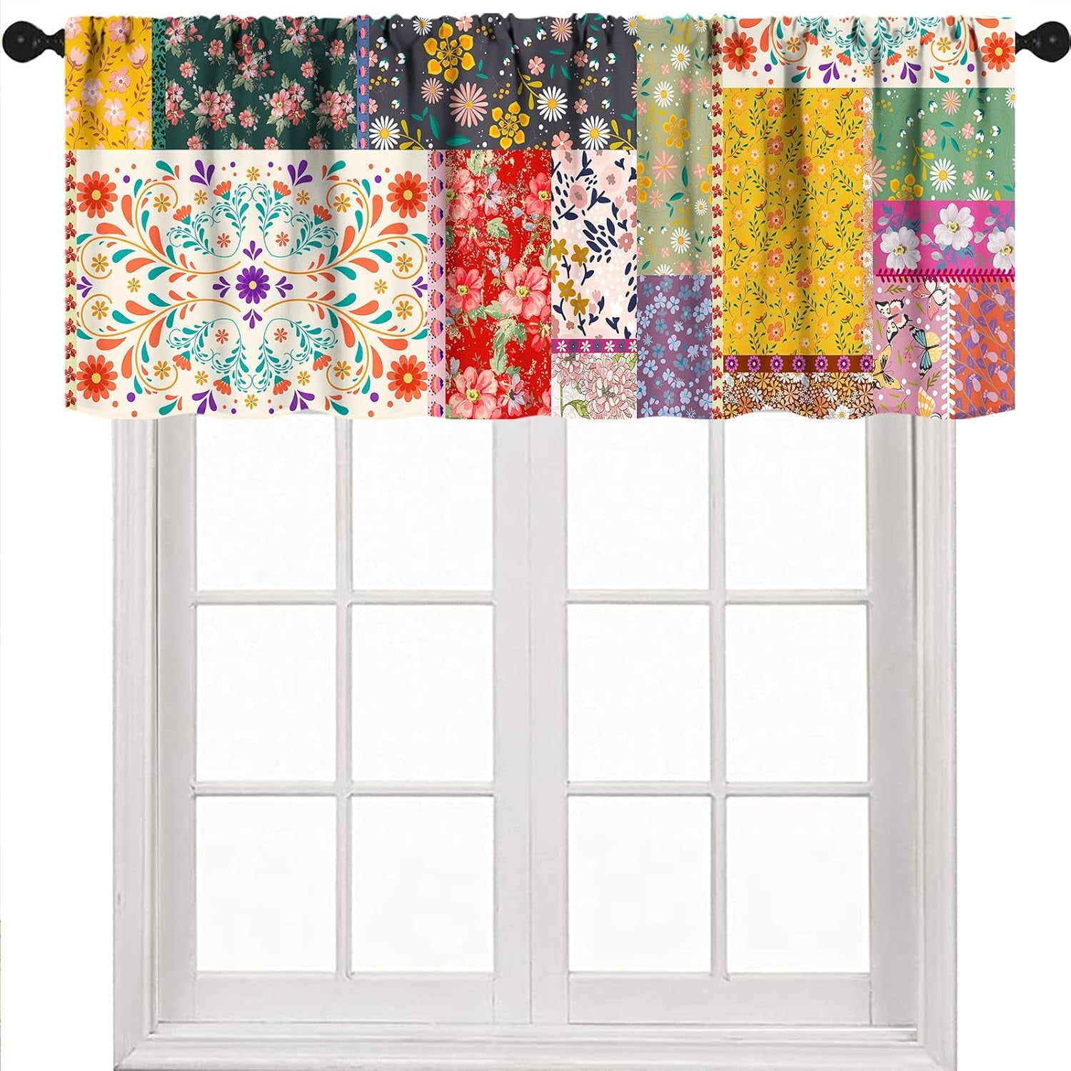 Boho Floral Valance,Retro Patchwork Country Herbs Wildflowers Flowers ...